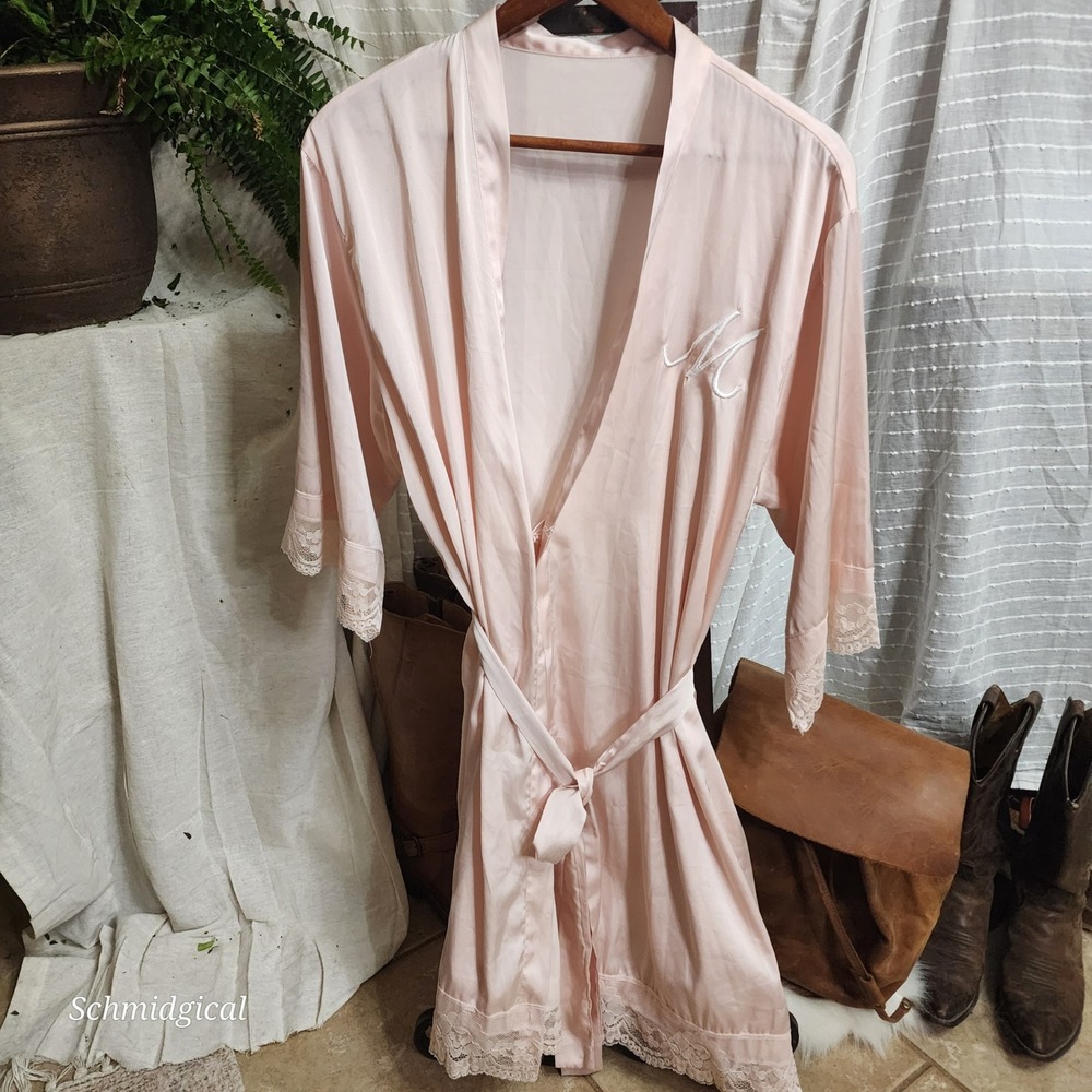 Blush Pink Satin Lace Trim Robe Embroidered Initial M Bridal Lingerie Wrap